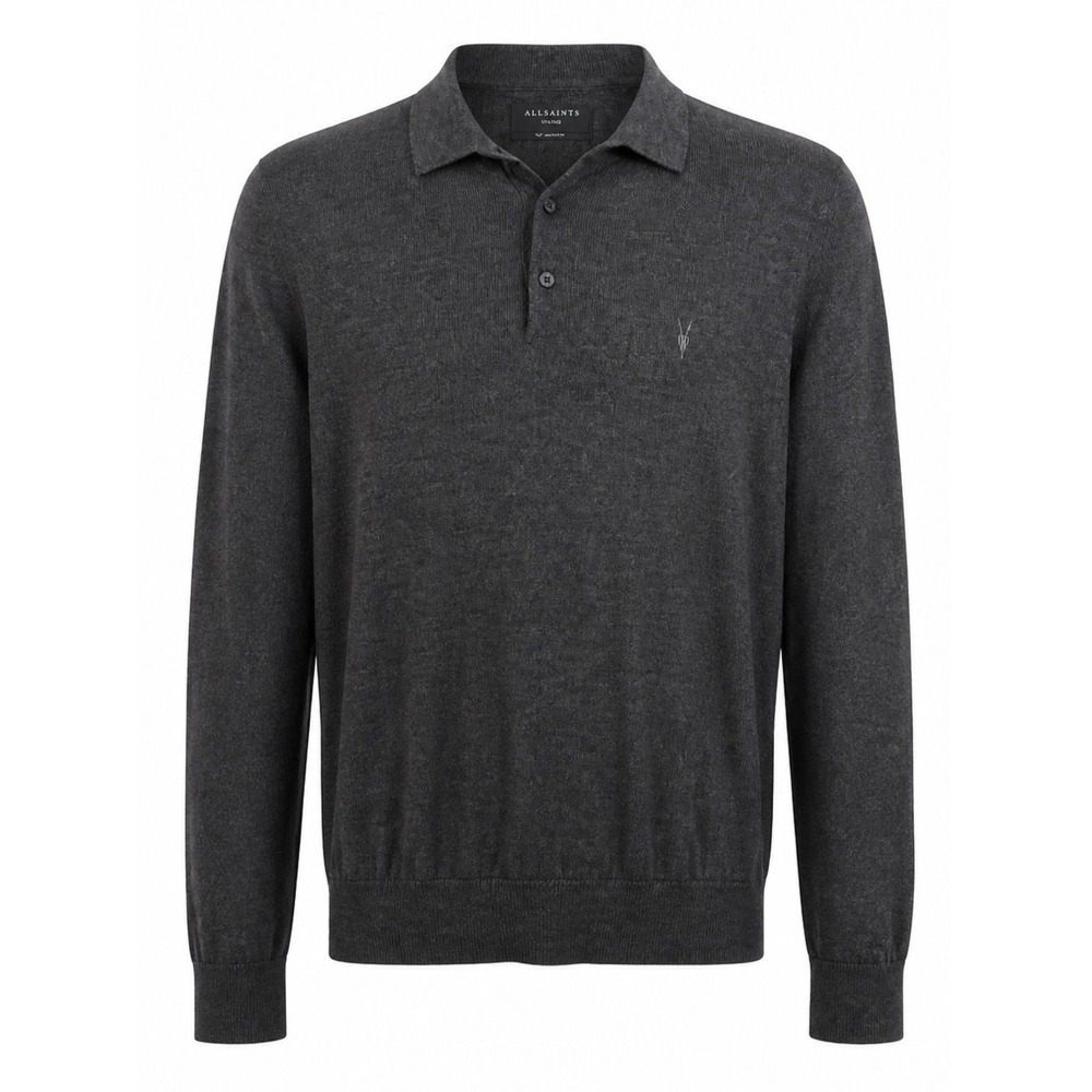 AllSaints 100% Merino Wool Polo Sweater Mens XL Long Sleeve Gray Ramskull Preppy